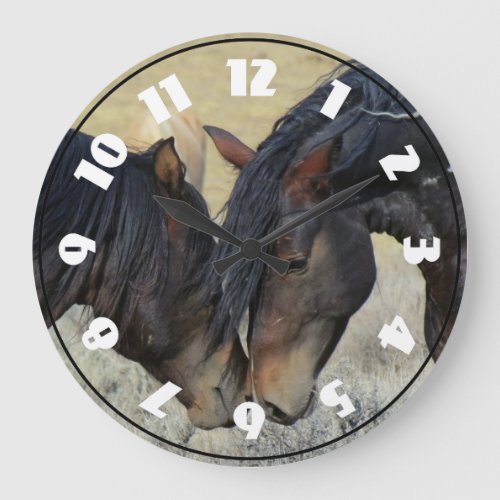 Two Brown Wild Horses Nuzzling Large Clock