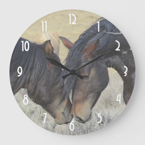 Two Brown Wild Horses Nuzzling Large Clock