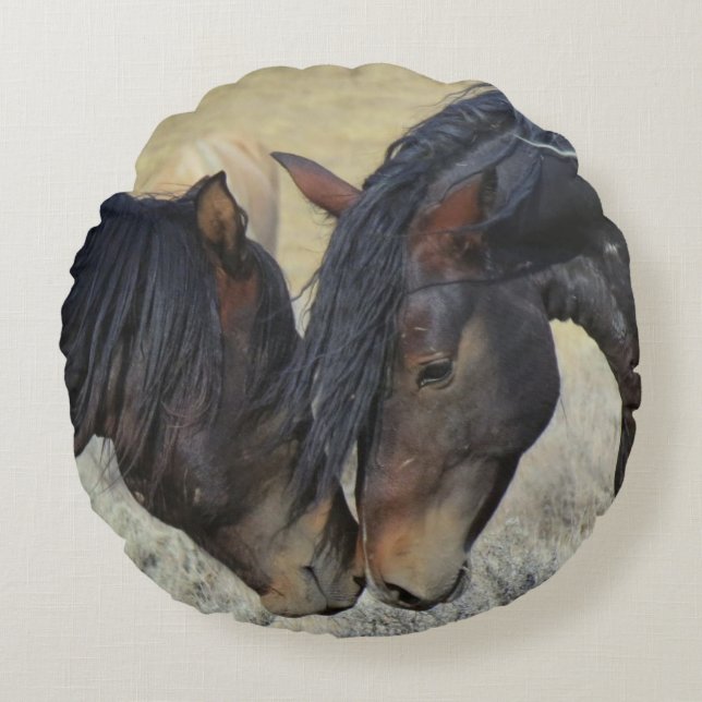 Two Brown Wild Horses Nuzzling Round Pillow (Front)