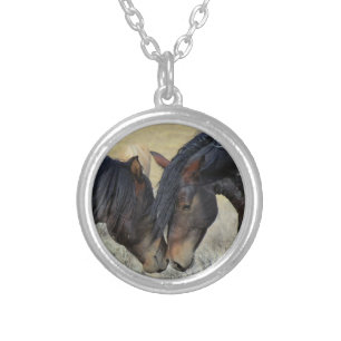 Two Brown Wild Horses Nuzzling Silver Plated Necklace