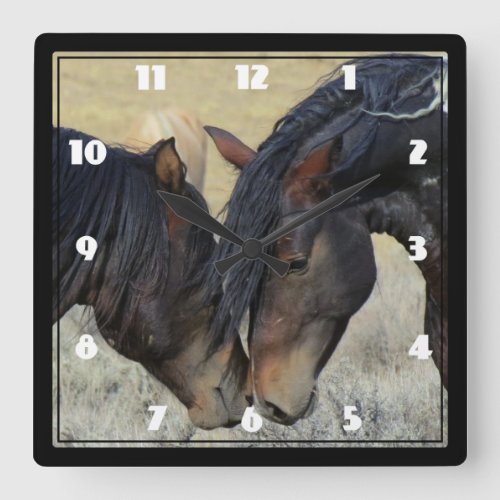 Two Brown Wild Horses Nuzzling Square Wall Clock