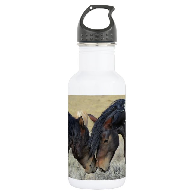 Two Brown Wild Horses Nuzzling Stainless Steel Water Bottle (Front)