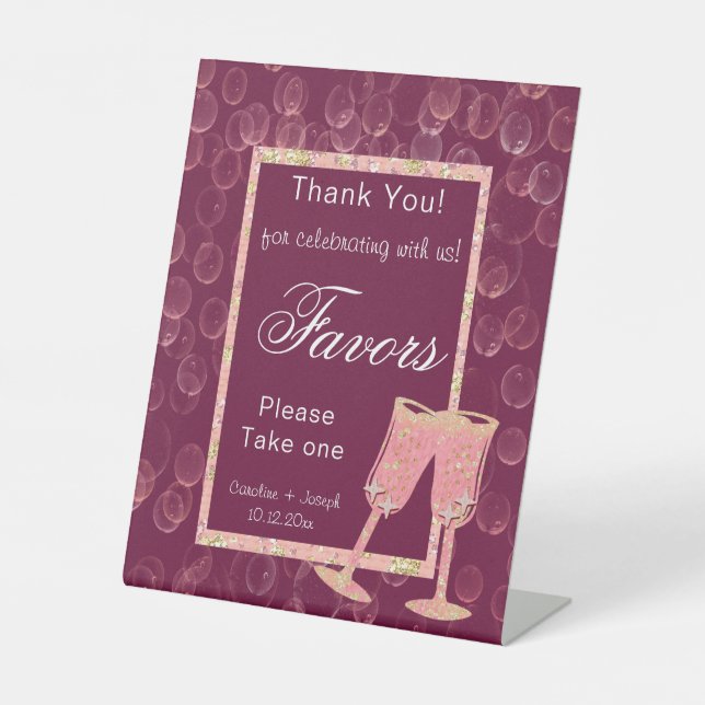 Two Bubbly Champagne Glasses for Favor   Pedestal  Pedestal Sign (Front)