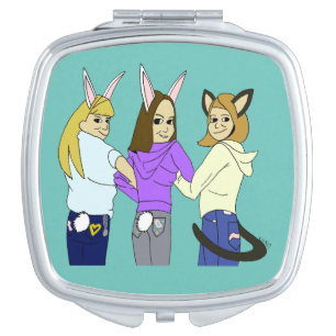 Two bunnies and a kitty compact mirror