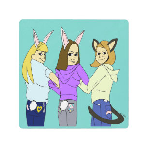 Two bunnies and a kitty metal print