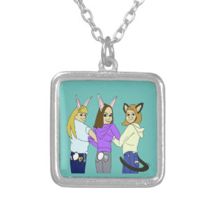 Two bunnies and a kitty silver plated necklace