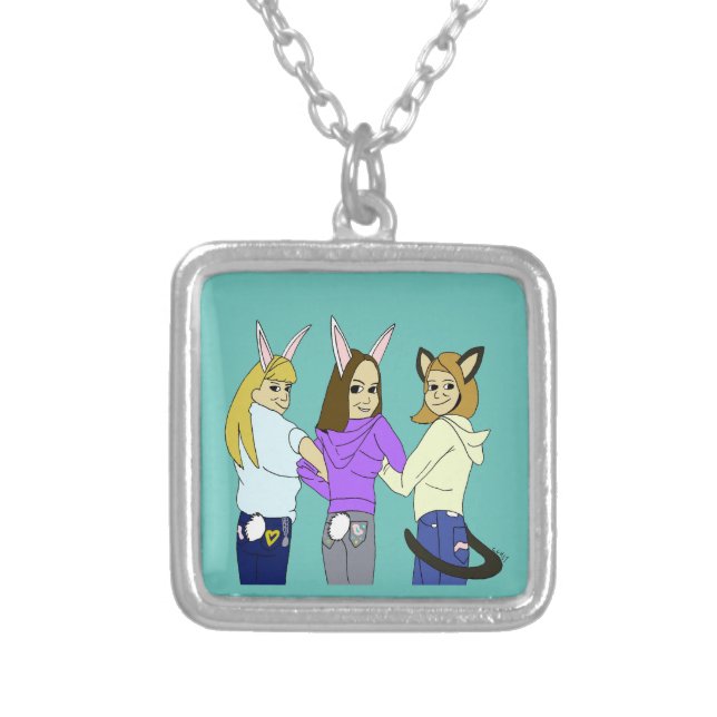 Two bunnies and a kitty silver plated necklace (Front)