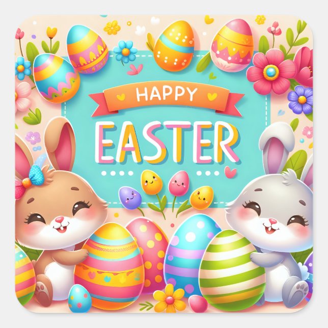 Two Bunnies Celebrating Easter Square Sticker (Front)