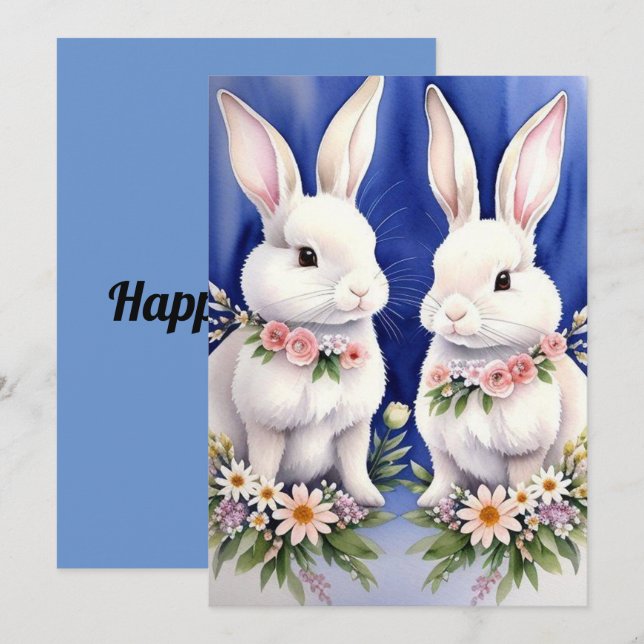 Two Bunny Rabbits and Flowers  Holiday Card (Front/Back)