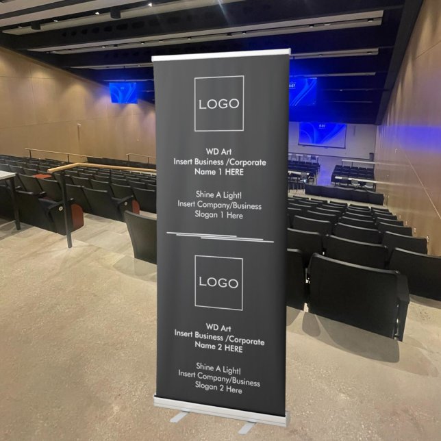 Two Business Corporate Stacked Logos Black & White Retractable Banner (Two Business Logos/Photos vertical floor banner)