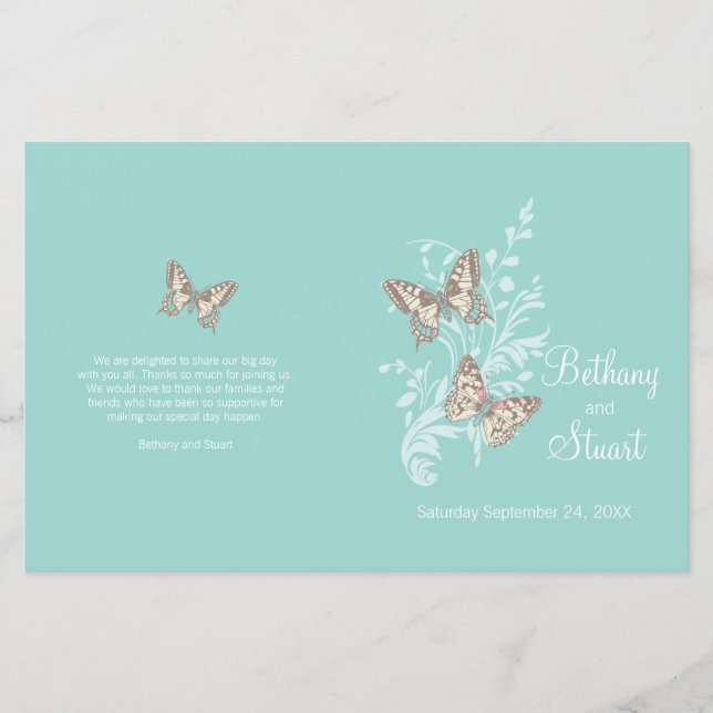 Two butterflies aqua teal graphic Wedding Program (Front)
