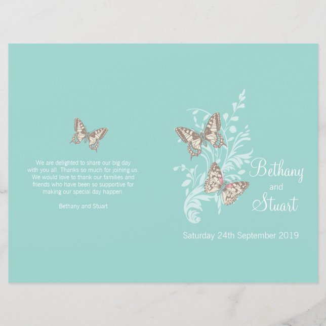 Two butterflies aqua teal graphic Wedding Program (Front)