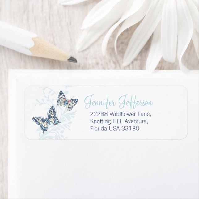 Two butterflies inked blue wedding label (Insitu)