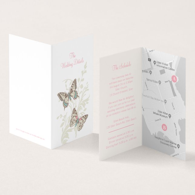 Two butterflies pink wedding details schedule map (Inside and Outside)