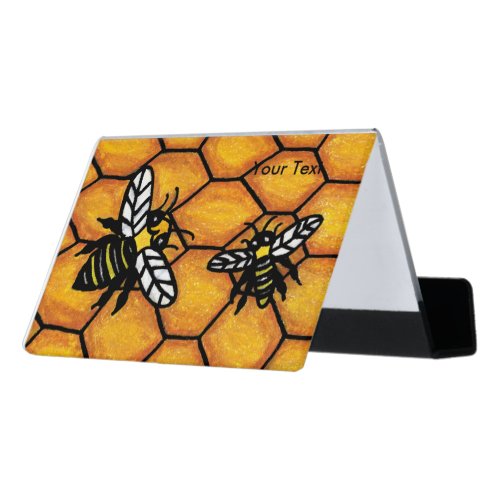 Two Buzzing Yellow Jacket Bees on Honeycomb Desk Business Card Holder