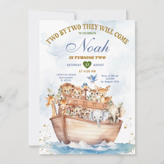 Two By Two Noah's Ark Animal Safari 2nd Birthday Invitation (Front)