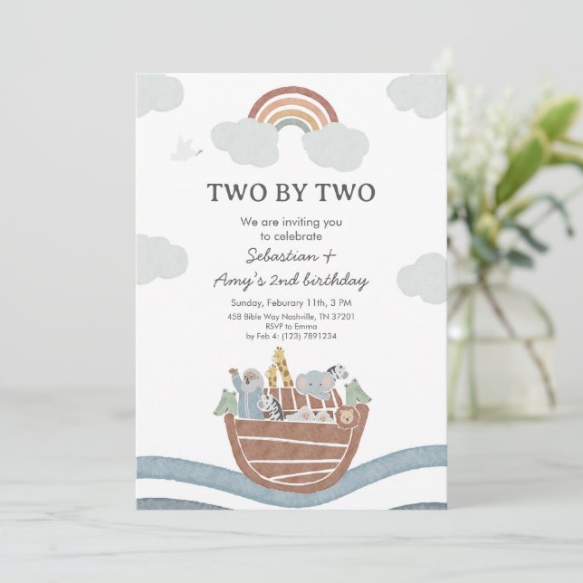 Two by Two Noahs Ark Twin Birthday Invitation (Standing Front)