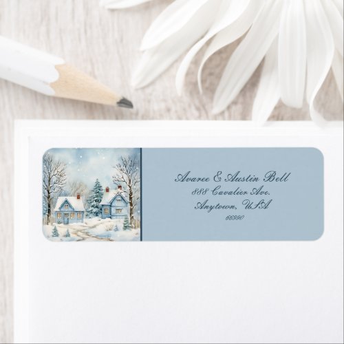 Two Cabins of Yesteryear Set Winter Blue Scene Label
