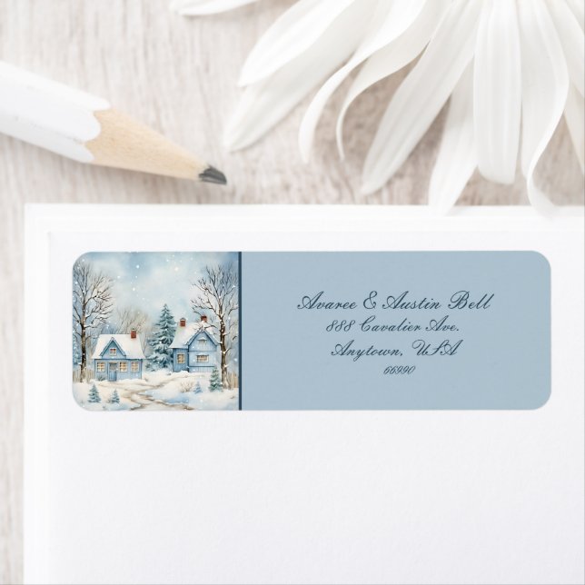 Two Cabins of Yesteryear Set Winter Blue Scene Label (Insitu)