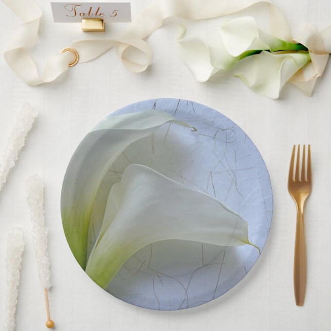 Two calla lilies on textured paper plates (Wedding)