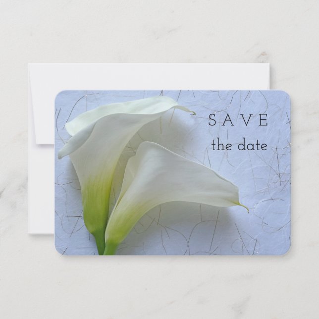 Two calla lilies on textured paper save the date (Front)