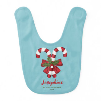 Two Candy Canes On Blue My First Christmas &amp; Name Baby Bib