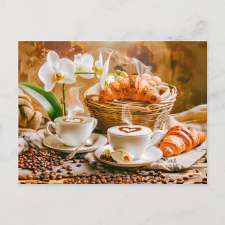 Two cappuccinos with croissants and orchids holiday postcard