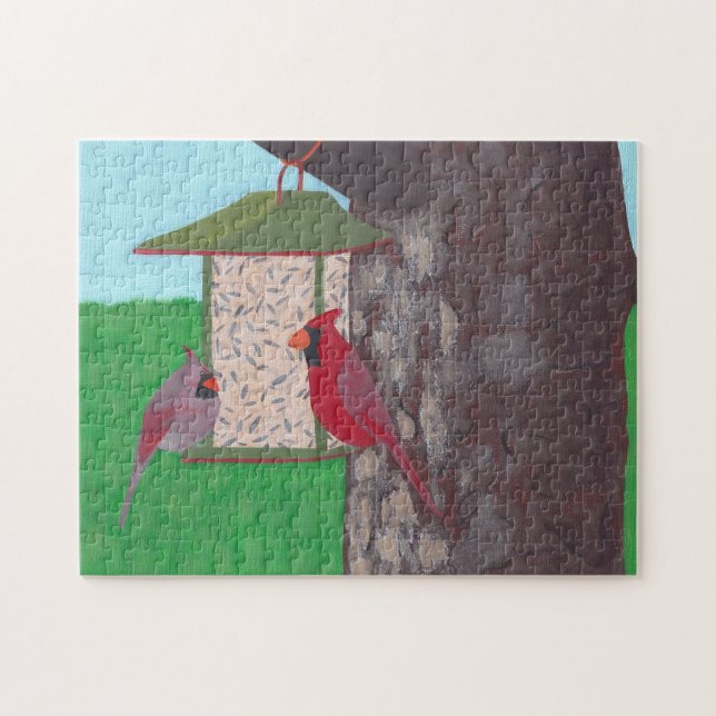 Two cardinals at the feeder, painting, puzzles (Horizontal)