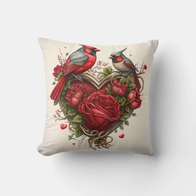 Two Cardinals Retro Heart Design Throw Pillow (Front)