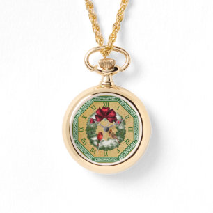 Two Cardinals ~ Snowy Christmas Wreath ~ Red Bow Watch