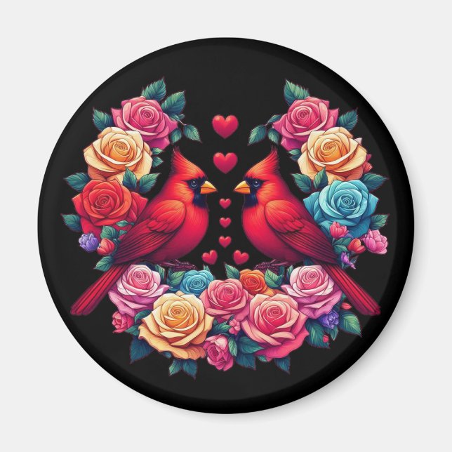 Two Cardinals with Colorful Roses and Hearts Magnet (Front)