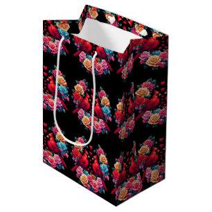 Two Cardinals with Colorful Roses and Hearts Medium Gift Bag