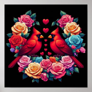 Two Cardinals with Colorful Roses and Hearts Poster