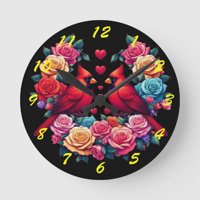 Two Cardinals with Colorful Roses and Hearts Round Clock (Front)