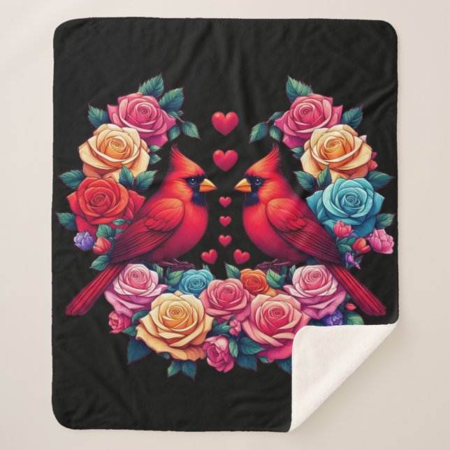 Two Cardinals with Colorful Roses and Hearts Sherpa Blanket (Front)