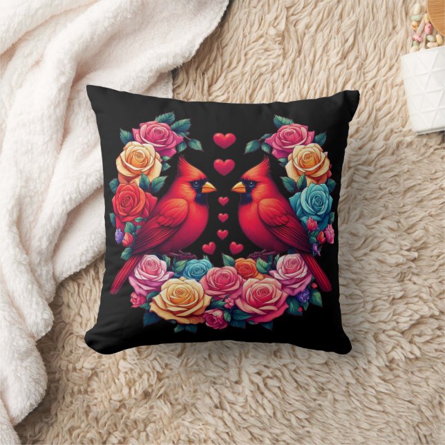 Two Cardinals with Colorful Roses and Hearts Throw Pillow (Blanket)
