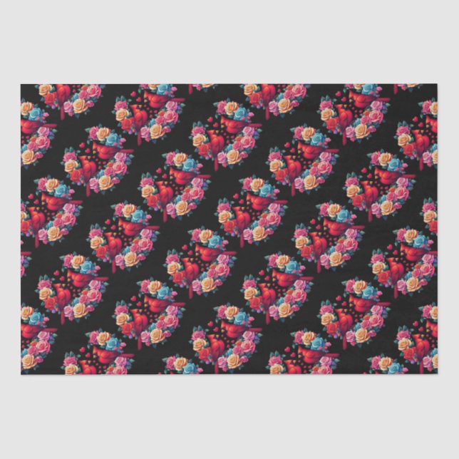 Two Cardinals with Colorful Roses and Hearts Tissue Paper (Front)