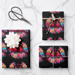 Two Cardinals with Colorful Roses and Hearts Wrapping Paper Sheets