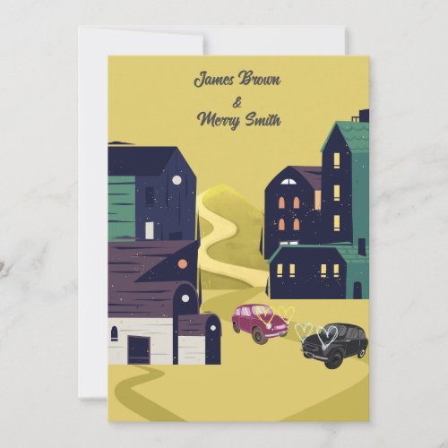 Two Cars Houses Hill Road Hearts Wedding Invitation