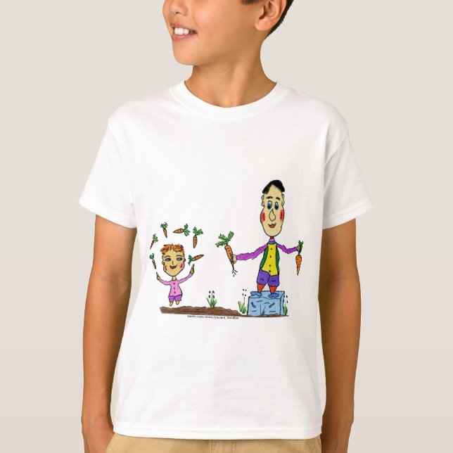 Two cartoon characters juggling carrots. T-Shirt (Front)