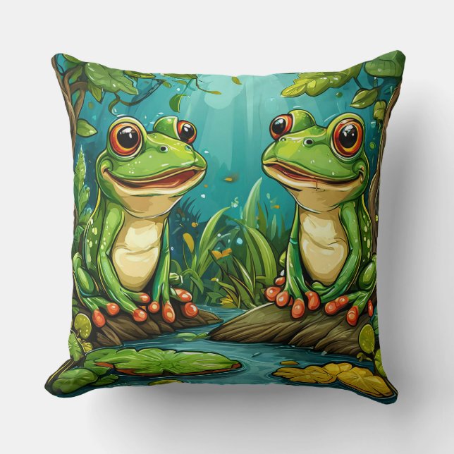 Two Cartoon Frogs Sitting in a Vibrant Forest Throw Pillow (Front)