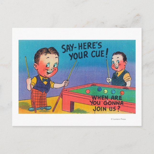Two Cartoon Men Play Pool, Here's Your Cue Postcard (Front)