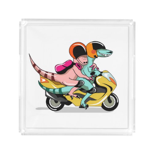 Two Cartoon Raptors Riding A Motor Scooter Acrylic Tray