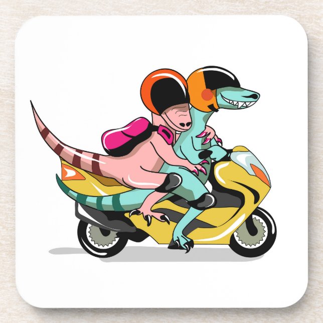 Two Cartoon Raptors Riding A Motor Scooter. Beverage Coaster (Front)
