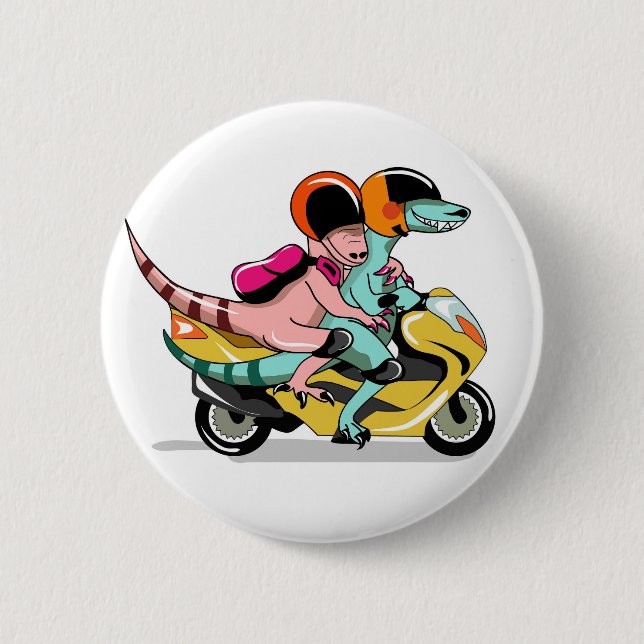 Two Cartoon Raptors Riding A Motor Scooter. Button (Front)