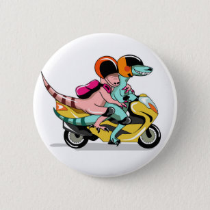 Two Cartoon Raptors Riding A Motor Scooter. Button
