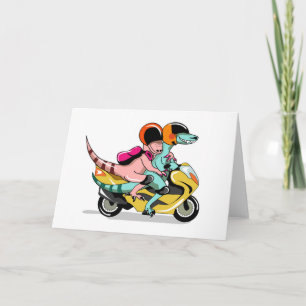 Two Cartoon Raptors Riding A Motor Scooter. Card