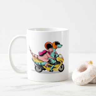 Two Cartoon Raptors Riding A Motor Scooter. Coffee Mug