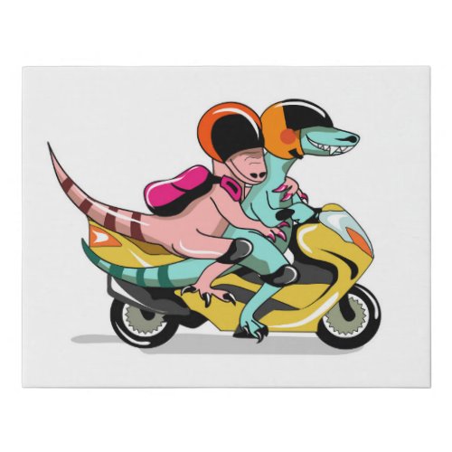 Two Cartoon Raptors Riding A Motor Scooter Faux Canvas Print