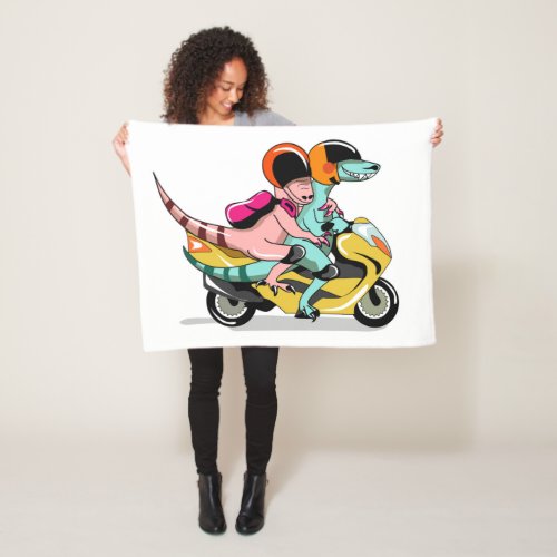 Two Cartoon Raptors Riding A Motor Scooter Fleece Blanket